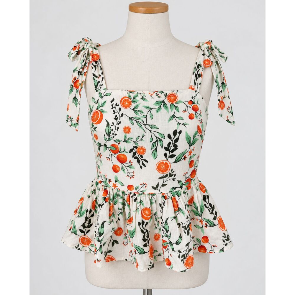 NWT Joie 100% Linen Citrus Grove Smocked Peplum Top Blouse Size M